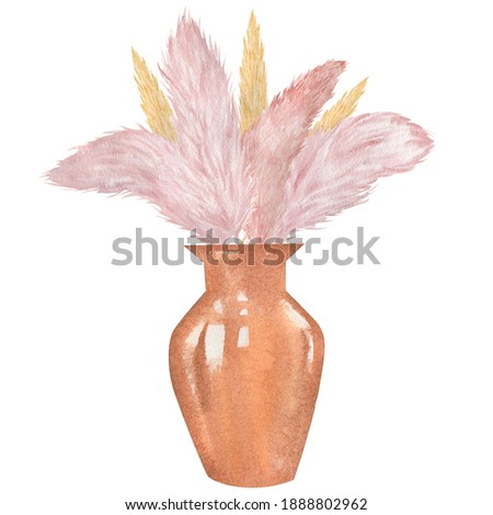 Terracotta vase with pampas grass watercolor illustration. Interior decoration vase isolated on white background.