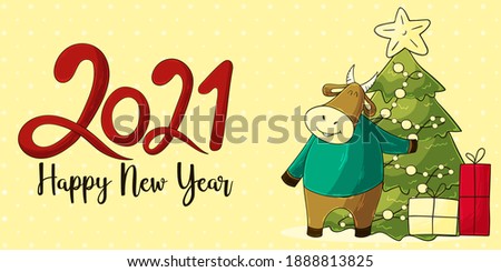 2021 HAPPY NEW YEAR Children's illustration. Chinese new year 2021 year of the ox