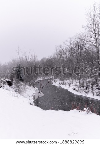 frozen river winter landscape, over cast day snow nature 