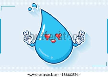 LOVELY, HAPPY, LOVING IN LOVE, HEART EYE Face Emotion. Double Peace Hand Gesture. Water Drop Cartoon Drawing Mascot Illustration.