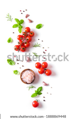 Fresh tomatoes, basil and spices isolated on white background. Healthy food and vegan raw eating concept, creative flat lay. Royalty-Free Stock Photo #1888869448