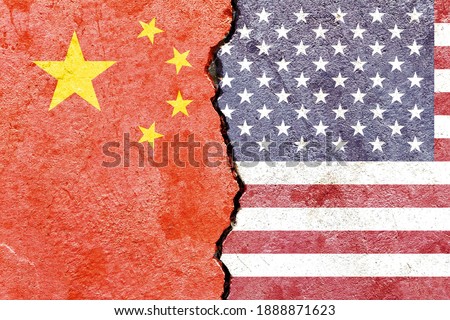 China vs USA (United States of America) national flags icon isolated on cracked wall background, abstract China US politics economy trade relationship friendship conflicts concept