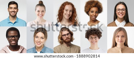 Collage of portraits and faces of multiracial group of various smiling young people, good use for userpic and profile picture. Diversity concept 