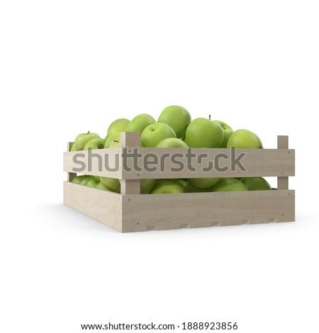 Green apples in wooden crate isolated in white texture background 3d rendering 3d illustration 