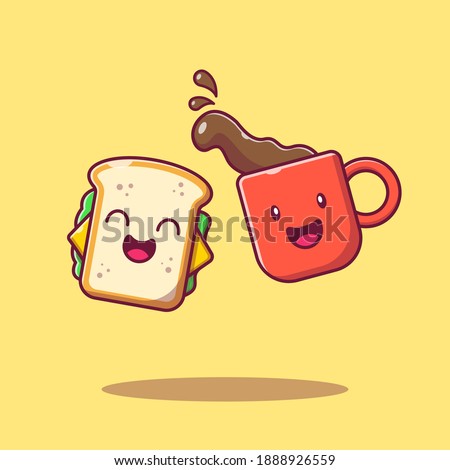 Delicious Sandwich and Hot Coffee Breakfast. Cute Happy Character, Kawaii, and Colorful Suite for Kids, Stickers, and Drawings. Food and Drink Icon Concept. Flat Cartoon Vector Illustration Isolated.
