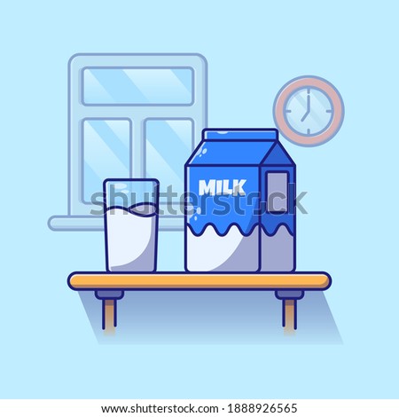 A Cup of Milk and Milk Box on a Table. Foods and Drinks Icon Concept. Flat Cartoon Vector Illustration Isolated.