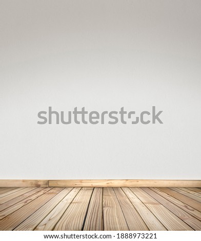 Wooden deck stage for products, things and people. Empty rustic wood floor, platform with blurred white wall background. With copy space. Graphic resource for design and mockup.