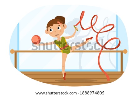 Agile young girl doing rhythmic gymnastics twirling a red ribbon while balancing on tip toe with a ball, flat cartoon colored vector illustration