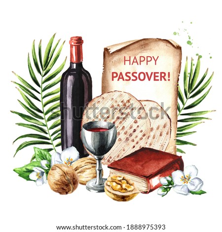 Passover seder traditional meal, Pesach card,  Concept of jewish religious holiday. Watercolor hand drawn illustration, isolated on white background