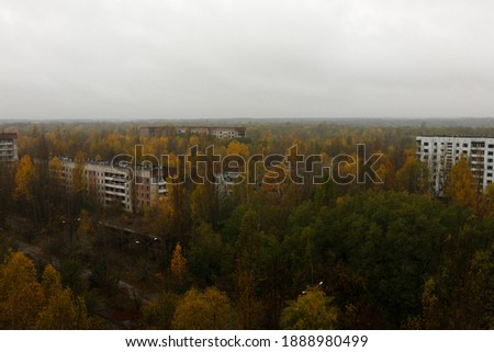 The abandoned city of Pripyat in a 30-kilometer exclusion zone after the disaster at the Chernobyl nuclear power plant. View from the roof. Autumn.