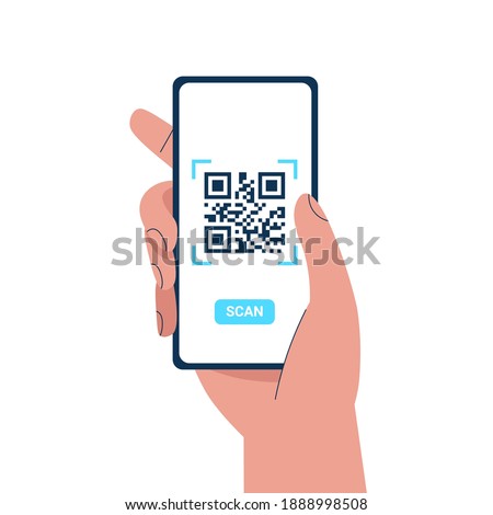 Man hand holding a phone and scanning QR code. Barcode scanner technology. Flat vector cartoon illustration.