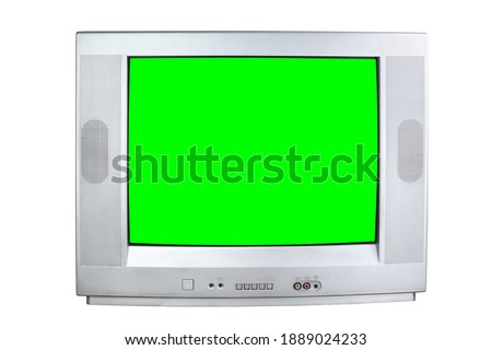 Old silver vintage green screen TV for adding new images to the screen. Isolated on white background. Royalty-Free Stock Photo #1889024233
