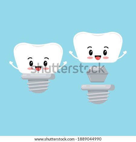 Cute dental implant tooth with hand icon set isolated on blue background. Sweet smilling teeth prosthesis sign with implant composition scheme. Vector flat design cartoon kids character illustration.
