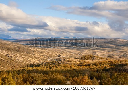 Panoramic view of the plateau in Dovrefjell-Sunndalsfjella National Park, Norway Royalty-Free Stock Photo #1889061769