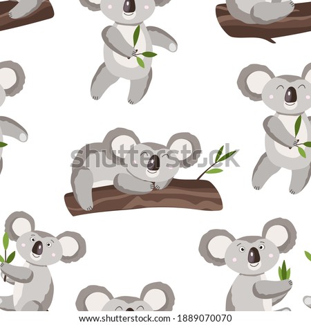 Seamless pattern with cute koala baby on white background. Funny australian animals. Card, postcards for kids. Flat vector illustration for fabric, textile, wallpaper, poster, gift wrapping paper.