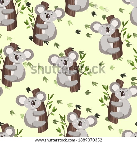 Seamless pattern with cute koala baby and leaves on color background. Funny australian animals. Card, postcards for kids. Flat vector illustration for fabric, textile, wallpaper, poster, paper.