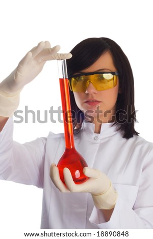 Woman with chemical tubes in the laboratory on white