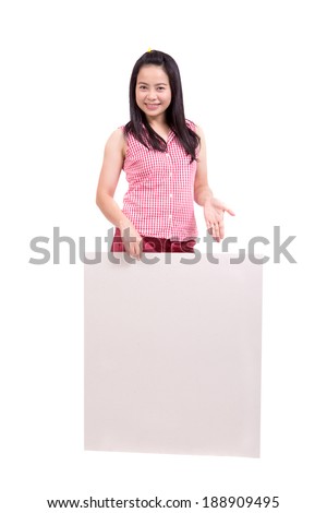 beautiful young woman holding a white banner
