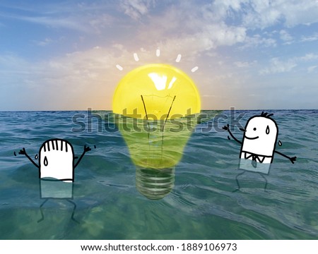 Hand drawn Cartoon Men lost in the Ocean Happy to see a big Yellow light Bulb - Collage