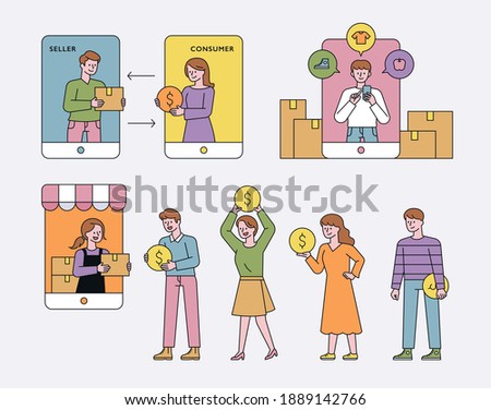 Mobile shopping mall concept. Sellers hand over items on mobile screens, and customers line up to purchase. flat design style minimal vector illustration.