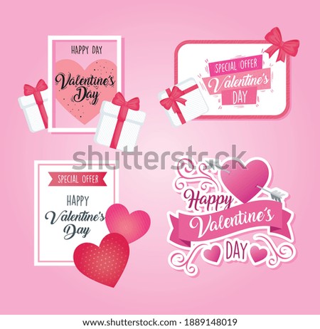 valentines day posters with letterings and hearts vector illustration design