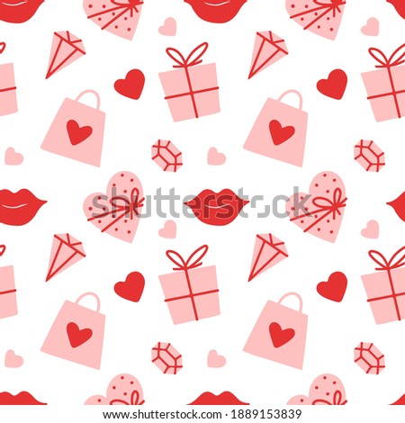 Seamless vector pattern Valentines  day with heart, bag, gift, box, lips, gemstone on white background. Design for textile, fabric, wrapping, wallpaper, backdrop, card, note, invitation