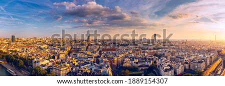 High resolution aerial panorama of Paris, France taken from the Notre Dame Cathedral before the destructive fire of 15.04.2019. The river Seine. Aerial view of Paris at sunset. Paris, France.