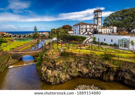 Panoramic cityscape view to Municipality and central square Of Ribeira Grande, Sao Miguel, Azores, Portugal. Central square of Ribeira Grande, Sao Miguel, Azores, Portugal. Royalty-Free Stock Photo #1889154880