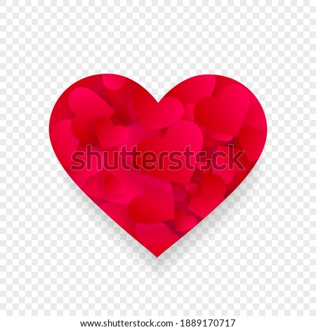 Red heart 3d effect shape, icon with small hearts or petals inside isolated on transparent background. Love, marriage, romance element for valentines day or wedding card. Vector illustration, clip art