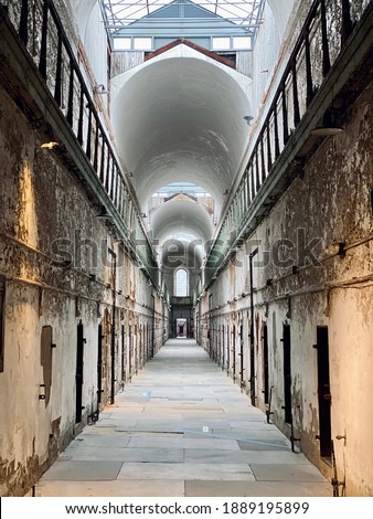 A dreary hallway in an old penitentiary. Philadelphia, PA