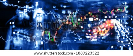 index number graph line of trade stock market and index number on blue glow blur city light banner business background