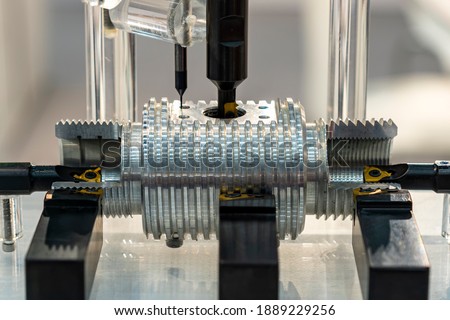 High accuracy many kind or function of cutting tool and workpiece of cnc machining center or lathe machine for manufacturing process in industrial Royalty-Free Stock Photo #1889229256