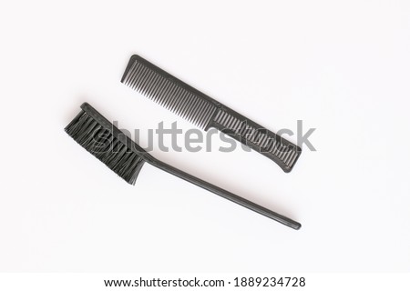 set barber tools flat comb hair, brushes on white background