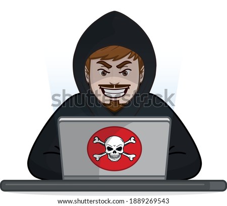 black hoodie hacker making a cyber attack on laptop and laughing evil. vector comic avatar skull.