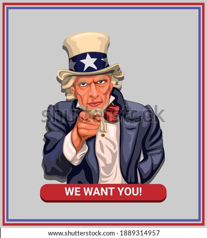 We want you! slogan with uncle sam in american vintage poster concept in cartoon illustration vector Royalty-Free Stock Photo #1889314957