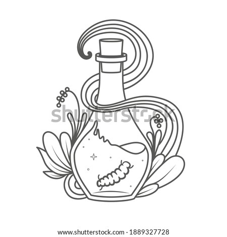 A magical bottle with plants around and a caterpillar inside - coloring book page. Vector illustration