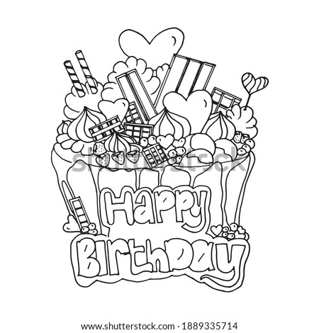 Birthday cake vector illustration isolated on white background. Sketch of birthday cake icon. Hand drawn vector. Doodle for wallpaper, kids, cover, banner, sticker, poster, advertisement, coloring.