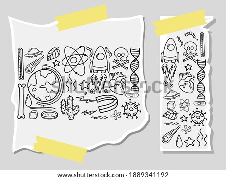 Different doodle strokes about science equipment on a paper illustration