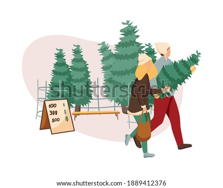 Cozy winter flat concept with people buying christmas tree vector illustration