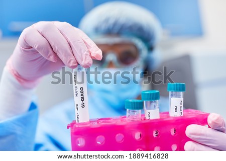 Medical professionals with saliva sample swabs for Covid-19 tests in the laboratory Royalty-Free Stock Photo #1889416828