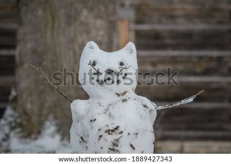 pretty cat shaped smiling snowman at the wooden wall