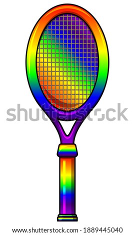 Colorful Rainbow colored tennis racket. Cartoon illustration. Trophy award for champion of tournament or competition. Sports inventory object. Achievement badge for players.