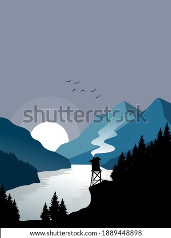 Vector illustration of a river coming from hillslopes in snowy areas.