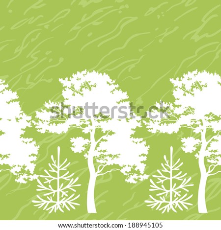 Seamless background, summer forest with white trees silhouettes and abstract green pattern. Vector