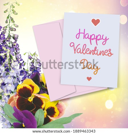 Happy Valentinas Day greeting card or banner. Decorative poster with  flowers and bokeh background