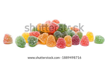 Colorful jelly fruit candies, candy pile isolated on white background