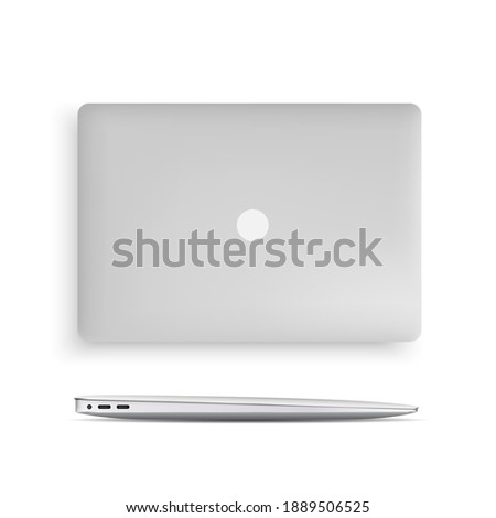 Set of laptops. Closed laptop side view and top view. Vector portable computer collection, realistic high detailed devices isolated on white background Royalty-Free Stock Photo #1889506525