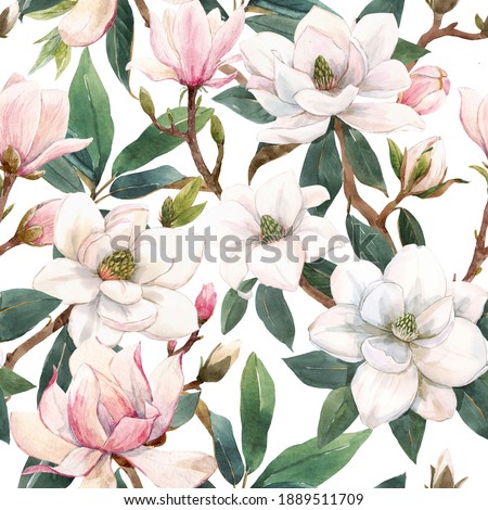 Beautiful seamless pattern with hand drawn watercolor gentle white and pink magnolia flowers. Stock illustration.
