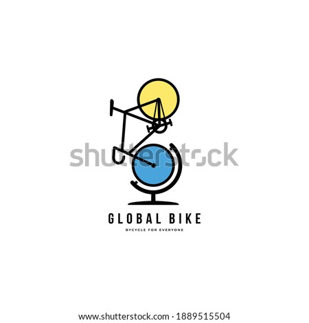 Bicycle with globe, Global cycling logo icon sign symbol poster design concept. Vector illustration template