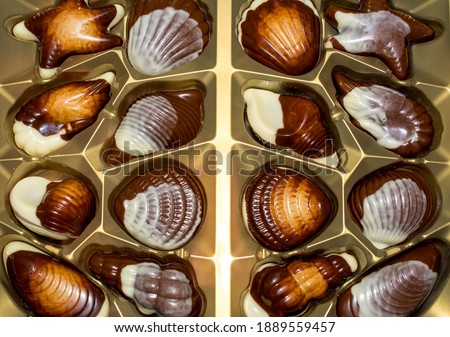 Great design and luxurious taste of delicious chocolates. Wonderful way to magically lift your spirits. Appetizing and delicious chocolate candies on a golden background. Stock photo.
